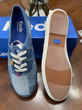 Keds, Champion, Denim Patchwork w/Charm Lace Up, Blues, Sz 7.5